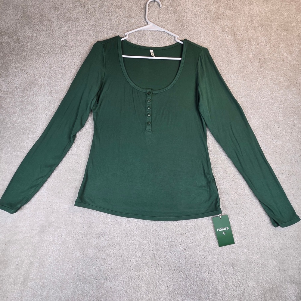 Halara Womens Forest Green Long Sleeve Henley Scoop Neck Top NWT Size L OG5UC